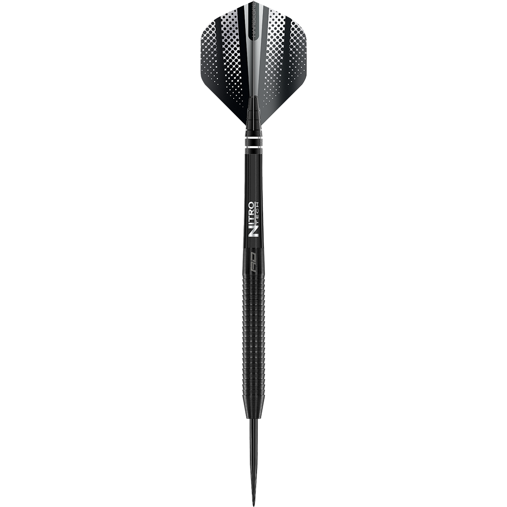 Das Bild zeigt einen schwarzen Steeldart mit dem Namen "Red Dragon Razor Edge". Der Dart hat ein modernes Design mit geriffeltem Griff und schwarzer Spitze.