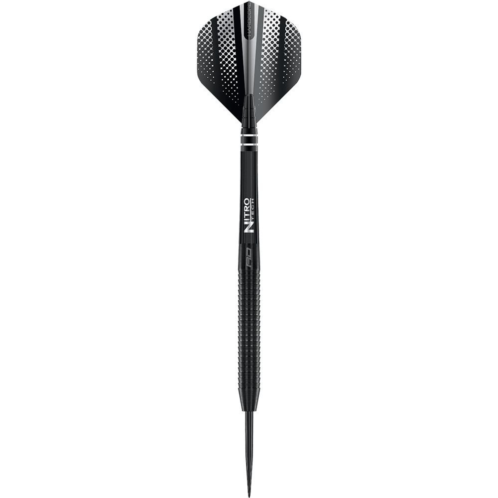 Red Dragon Razor Edge Czarne stalowe rzutki Das Bild zeigt einen schwarzen Steeldart mit dem Namen "Red Dragon Razor Edge". Der Dart hat ein modernes Design mit geriffeltem Griff und schwarzer Spitze.