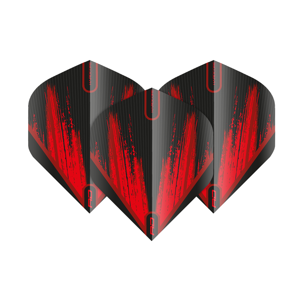 TF6442_Red_Dragon_Hardcore_Black_Red_V2_Standard_Flights_1HqqTe7wkGqWaN Das Bild zeigt drei Dartflights in Schwarz mit auffälligen roten Streifen. Die Flights tragen das Design "Red Dragon Hardcore Black Red V2 Standard".