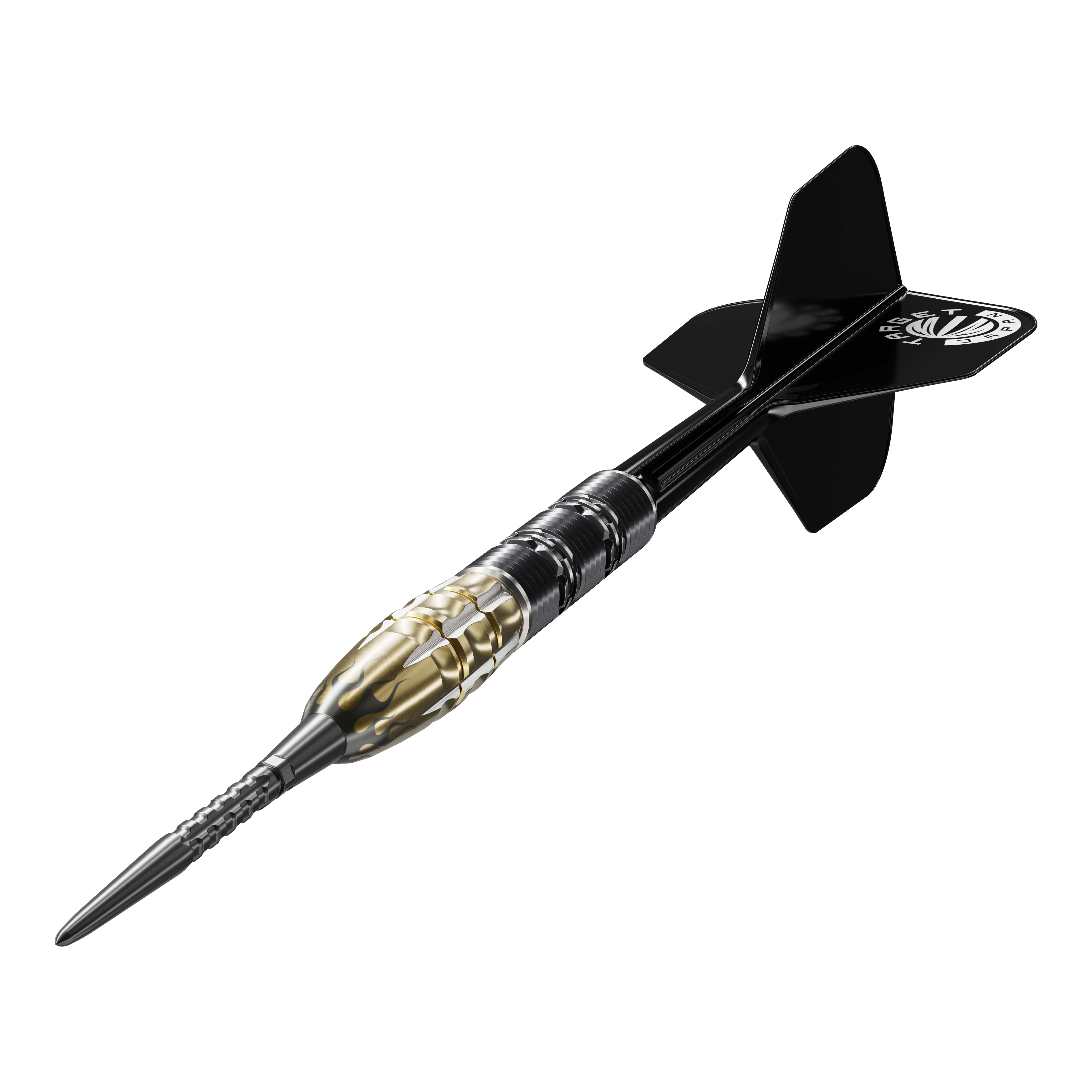 Auf dem Bild ist ein Target Japan Pyro GEN11 Swiss Point Steeldart mit einem Gewicht von 22g zu sehen. Der Dartpfeil hat ein auffälliges Design mit goldfarbenen und schwarzen Elementen.