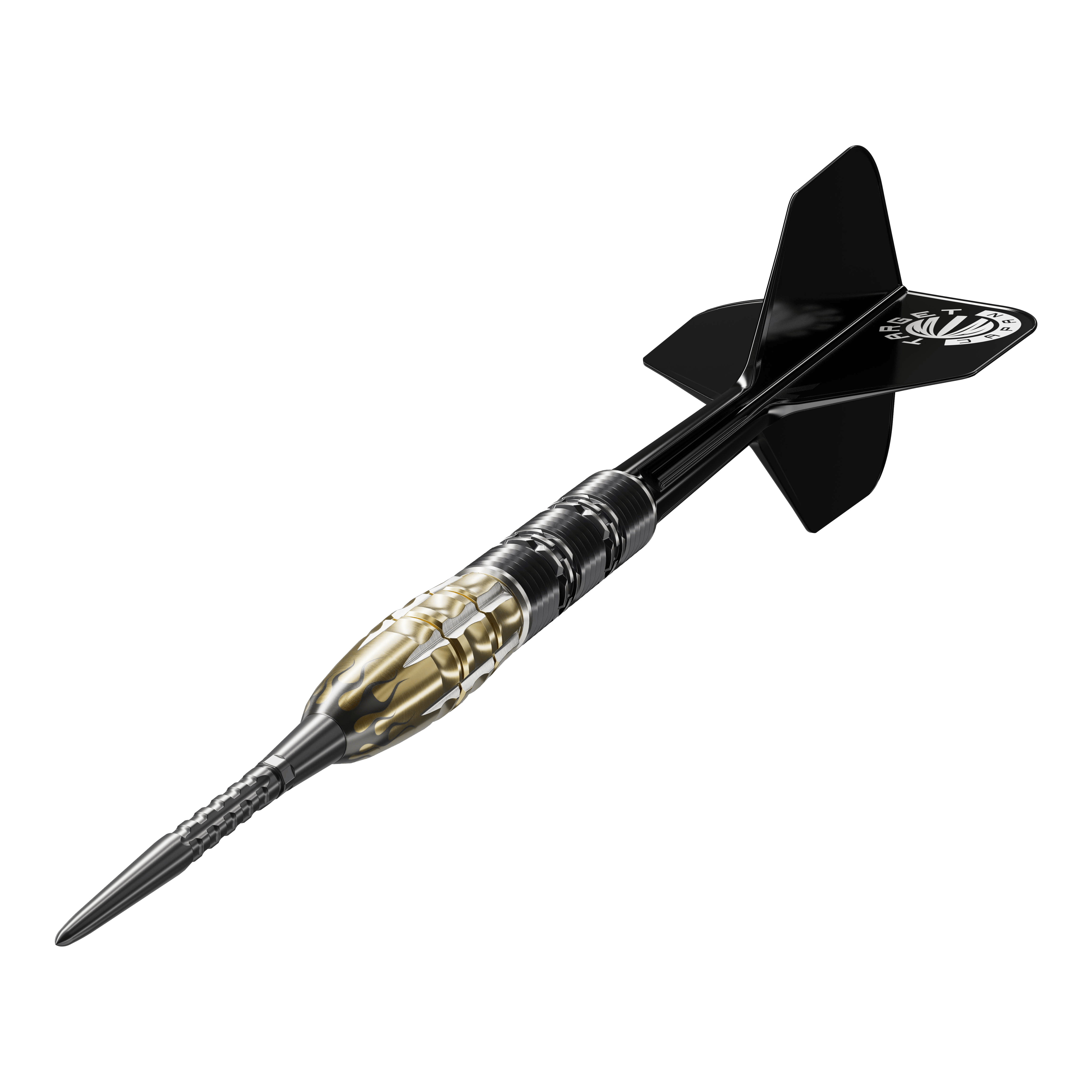 Lotki stalowe Target Japan Pyro GEN11 Swiss Point - 22 g Auf dem Bild ist ein Target Japan Pyro GEN11 Swiss Point Steeldart mit einem Gewicht von 22g zu sehen. Der Dartpfeil hat ein auffälliges Design mit goldfarbenen und schwarzen Elementen.