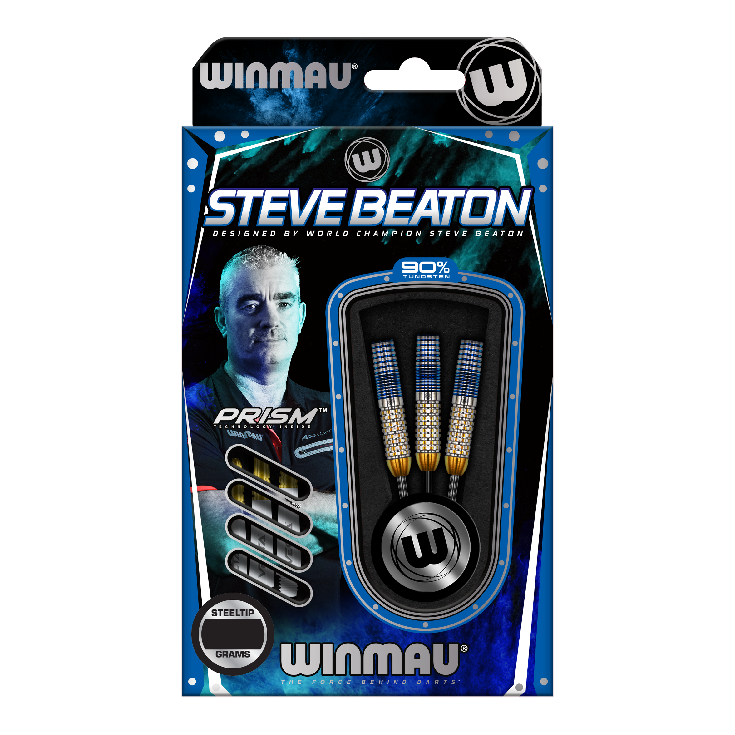 Winmau Steve Beaton Legend Series Steeldarts Auf dem Bild ist eine Verpackung der "Winmau Steve Beaton Legend Series Steeldarts" zu sehen. Die Verpackung zeigt drei Steeldarts und ein Bild von Steve Beaton.
