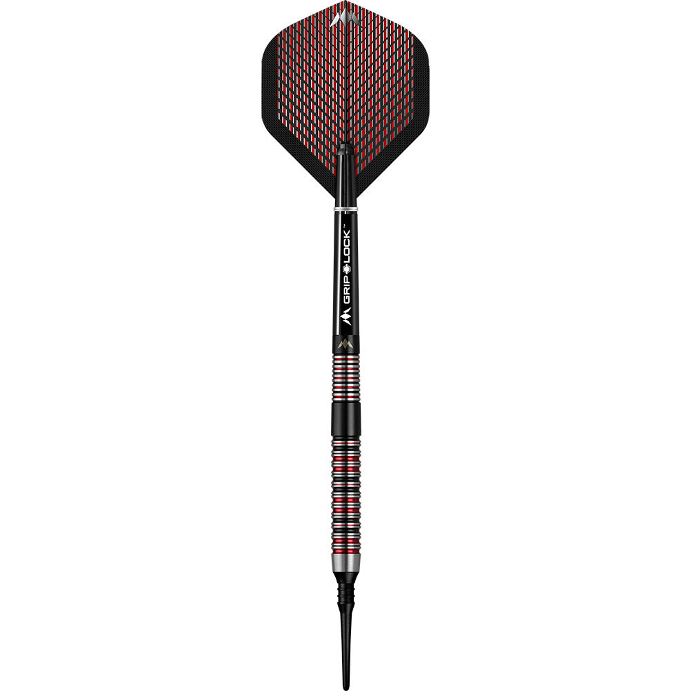 Das Bild zeigt einen Softdart des Modells "Mission Red Dawn Model 1" mit einem Gewicht von 19g. Der Dart hat ein modernes Design mit roten und schwarzen Akzenten.