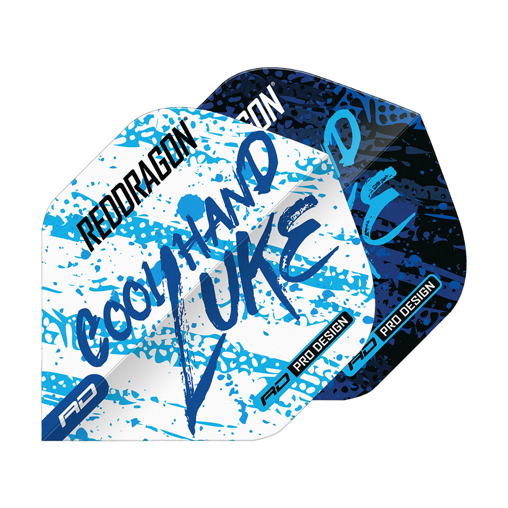 Czerwony Smok Luke Humphries Mistrz Świata Niebieski Biały Yin Yang Standardowe Loty Das Bild zeigt die Red Dragon Luke Humphries World Champion Blue White Yin Yang Standard Flights. Die Flights sind in Blau, Weiß und Schwarz mit auffälligem Schriftzug und Farbspritzern gestaltet.