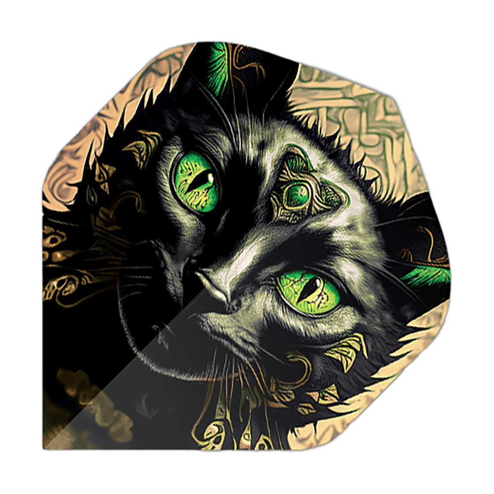 Loty pięcioboju Cat Das Bild zeigt ein Dartflight mit dem Motiv eines schwarzen Katers mit leuchtend grünen Augen. Die Details und Ornamente auf dem Katzenkopf geben dem Flight ein auffälliges, künstlerisches Design.