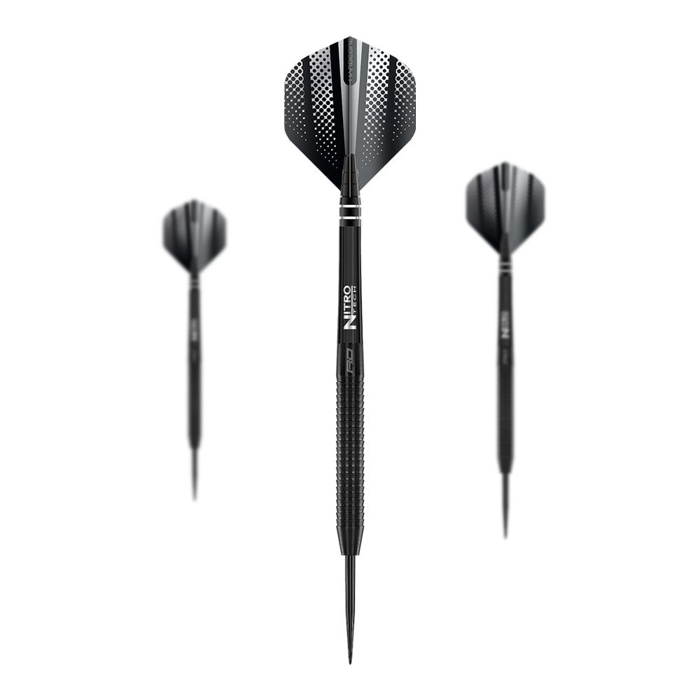 Red Dragon Razor Edge Czarne stalowe rzutki Das Bild zeigt drei Red Dragon Razor Edge Black Steeldarts. Die Darts sind schwarz und haben ein modernes, punktiertes Design auf den Flights.