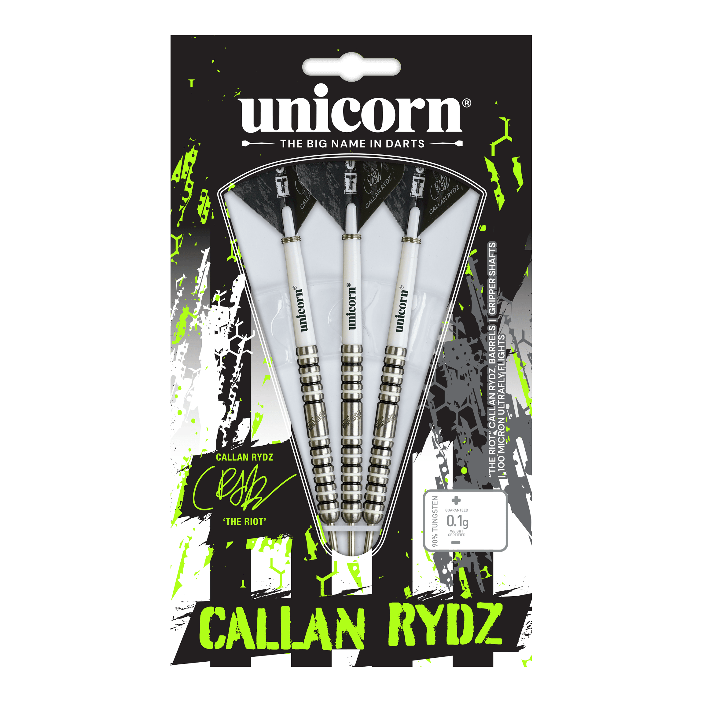 Unicorn Callan Rydz The Riot Phase 2 stalowe lotki Das Bild zeigt einen Steeldart aus der Callan Rydz The Riot Phase2 Serie. Es handelt sich um einen hochwertigen Dartpfeil für ambitionierte Spieler.