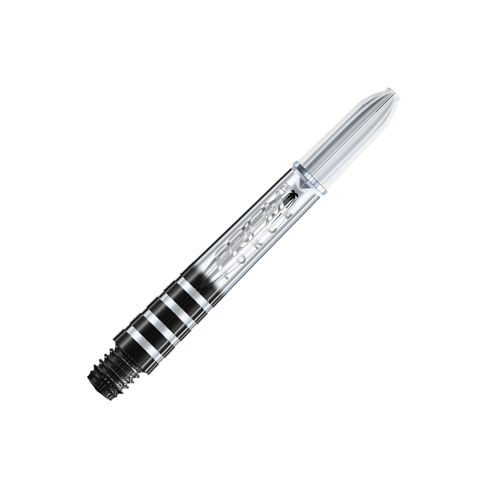 Dies ist ein transparenter Dart-Schaft mit der Aufschrift "Prism Force". Er hat ein klares, gestreiftes Design und misst 35 mm.