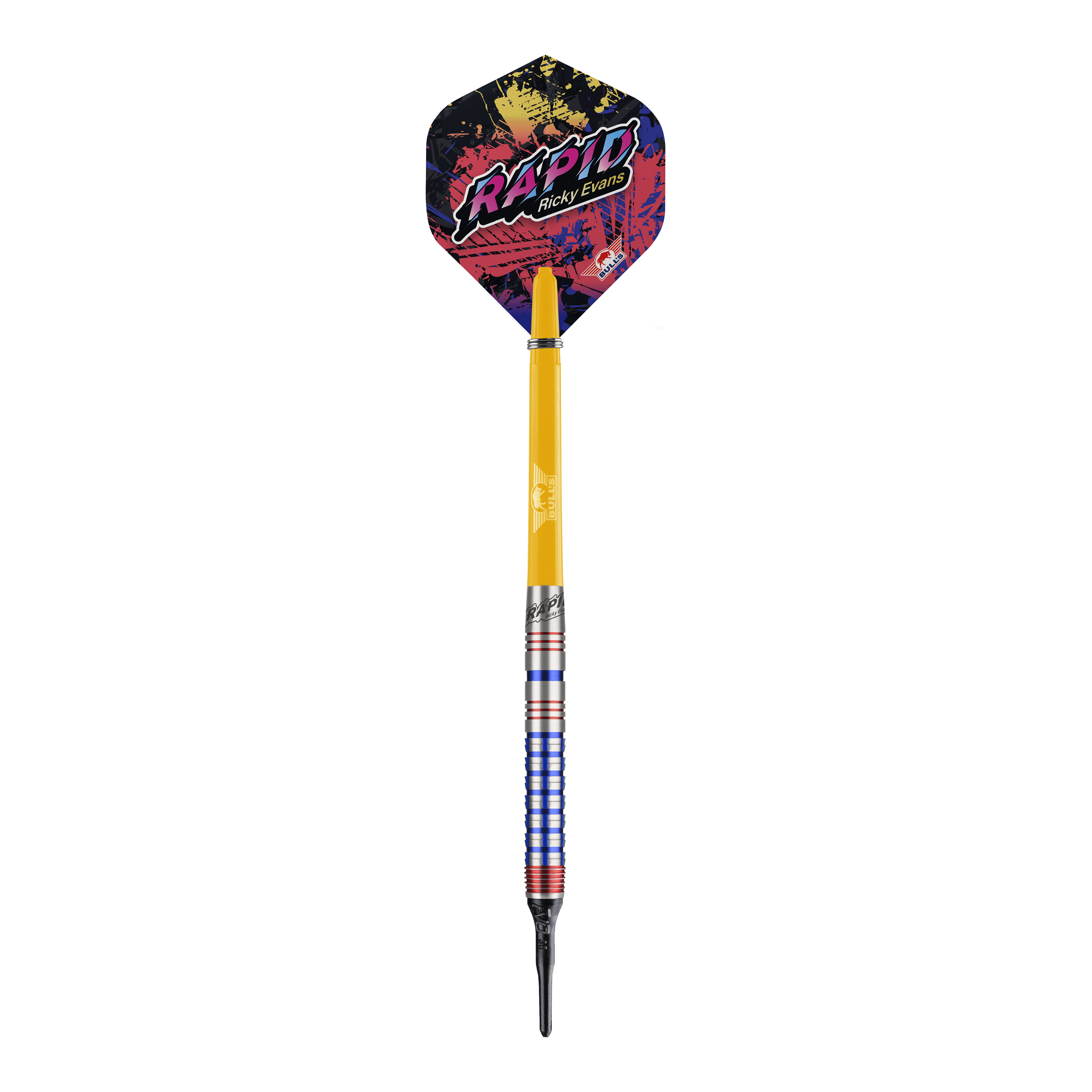 Miękkie rzutki Bulls NL Ricky Evans Rapid Edition One - 20g Das Bild zeigt einen Softdart aus der Serie "Bulls NL Ricky Evans Rapid Edition One" mit einem Gewicht von 20 Gramm. Der Dart hat bunte Akzente, einen gelben Schaft und eine auffällige Flights mit dem Schriftzug "RAPID Ricky Evans".