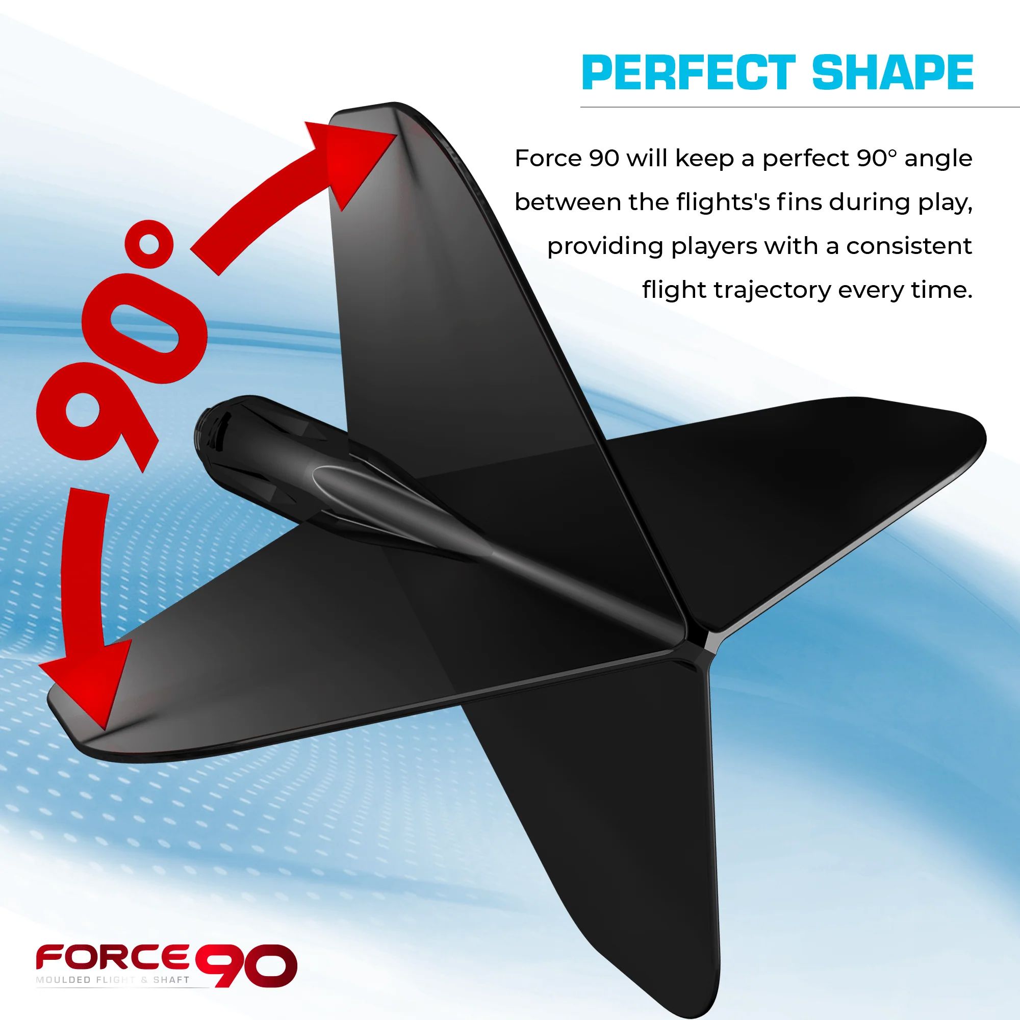 Das Bild zeigt das Mission Force 90 No6 Flight-Shaft-System in klarer Ausführung. Das System hält einen perfekten 90°-Winkel zwischen den Flügeln für eine konstante Flugbahn.