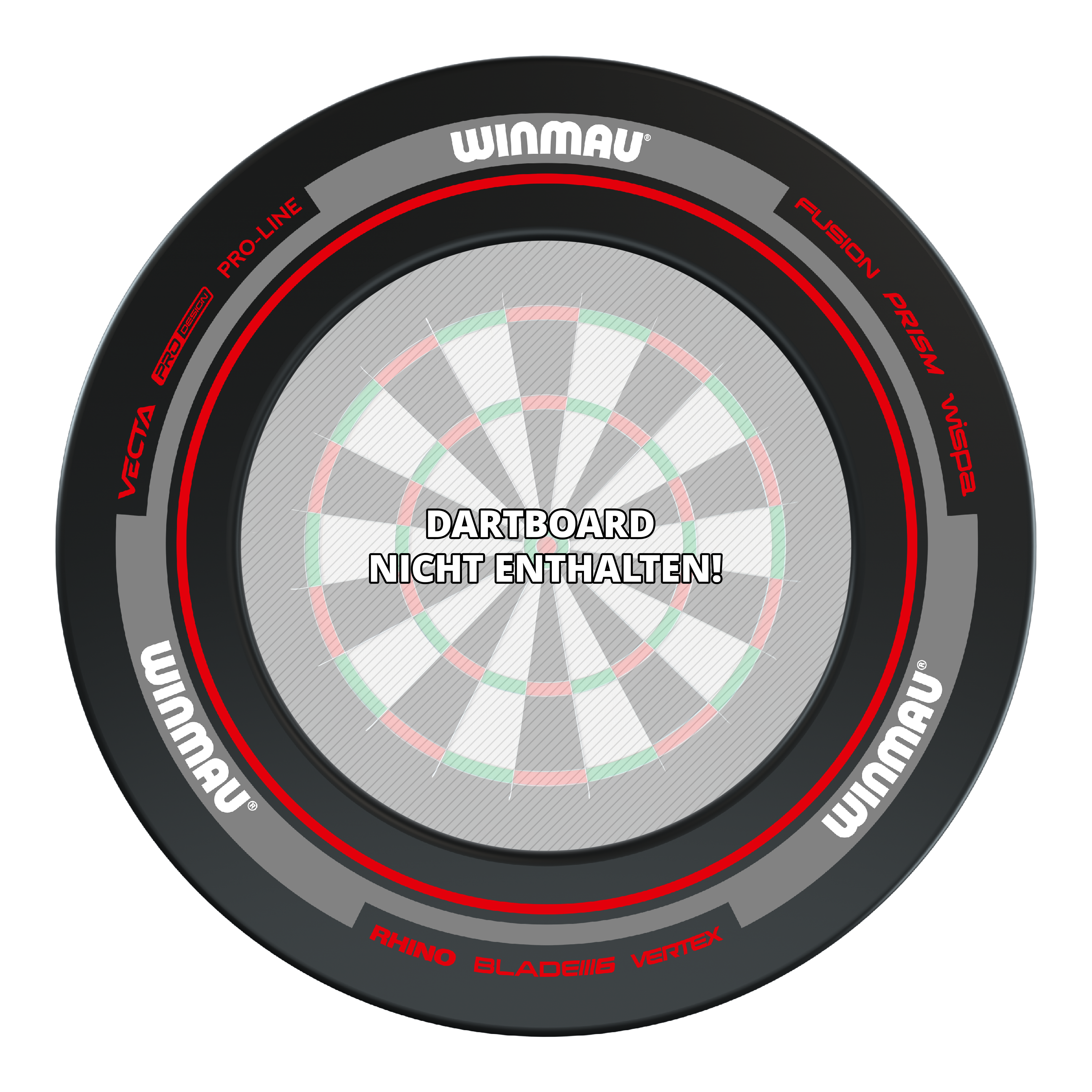 Obramowanie tarczy do darta Winmau Advance – czarno-czerwone Das Bild zeigt das Produkt "Winmau Advance Dartboard Surround" in Schwarz und Rot. In der Mitte steht der Hinweis: "Dartboard nicht enthalten!"