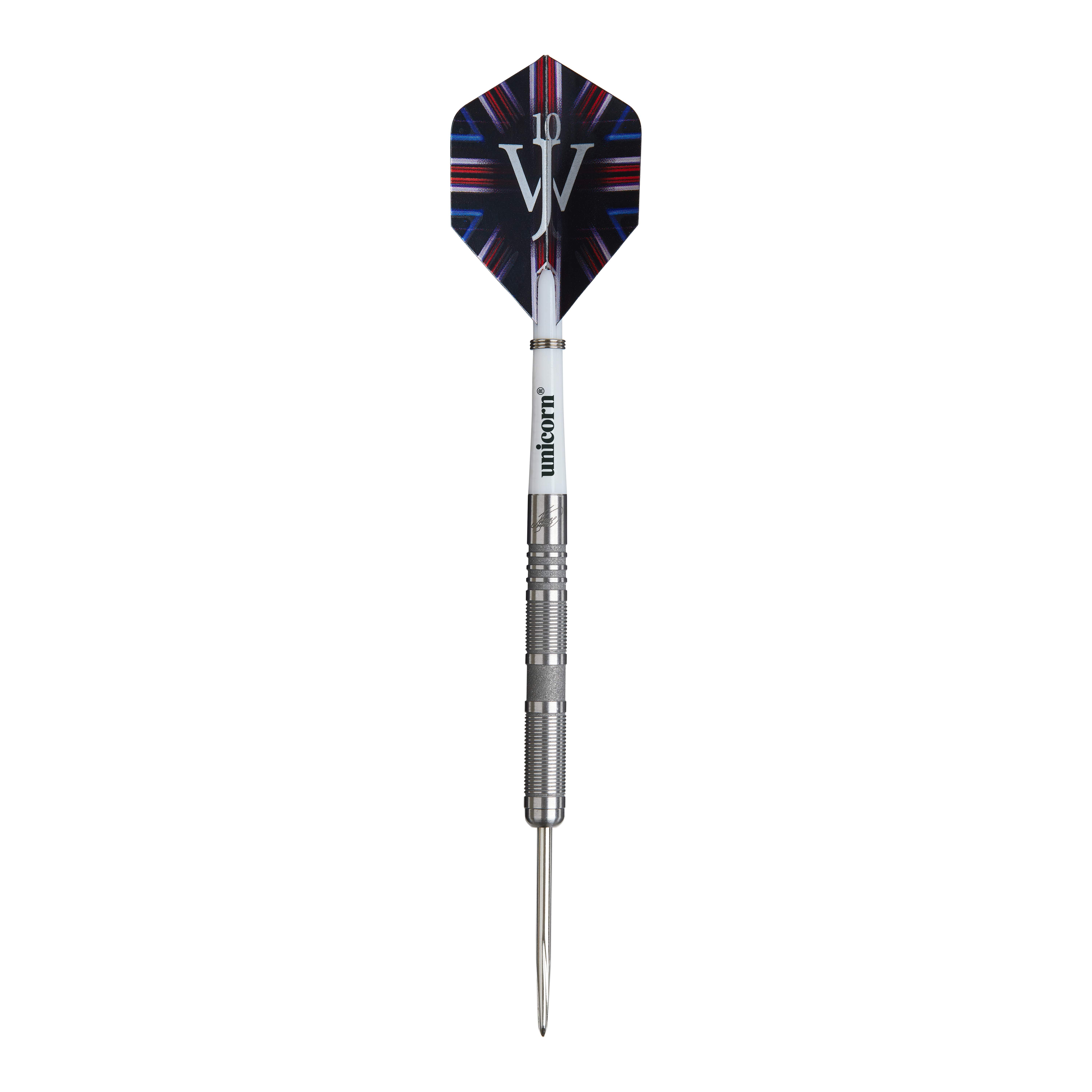 Unicorn James Wade The Machine Range Phase 4 Steeldarts Das Bild zeigt einen Steeldartpfeil aus der Produktreihe „Unicorn James Wade The Machine Range Phase 4“. Der Dartpfeil hat eine silberne Spitze und einen Flight mit buntem Design und den Buchstaben „JW“.