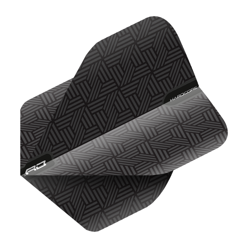 TF6428_Red_Dragon_Hardcore_Black_Standard_Flights_2 Das Bild zeigt ein Red Dragon Hardcore Black Standard Flight für Darts. Das Flight ist schwarz mit einem geometrischen Muster und weißen Schriftzügen.