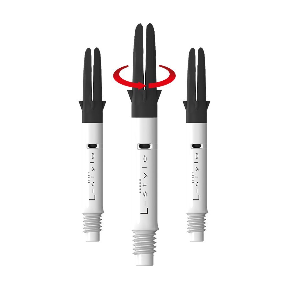 Wałek L-L-Style-Shaft Carbon Silent Straight - biały Auf dem Bild sind drei weiße L-Style Dartschäfte mit schwarzem oberen Teil zu sehen. In der Mitte zeigt ein roter Pfeil, dass sich der obere Teil des Schafts drehen kann.