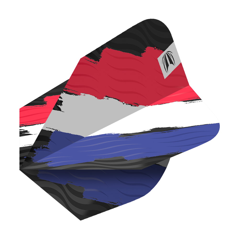 Das Bild zeigt das Produkt "Target Pro Ultra Flag Holland Ten-X Flights". Die Dart-Flights sind in den Farben der niederländischen Flagge gestaltet: Rot, Weiß und Blau.