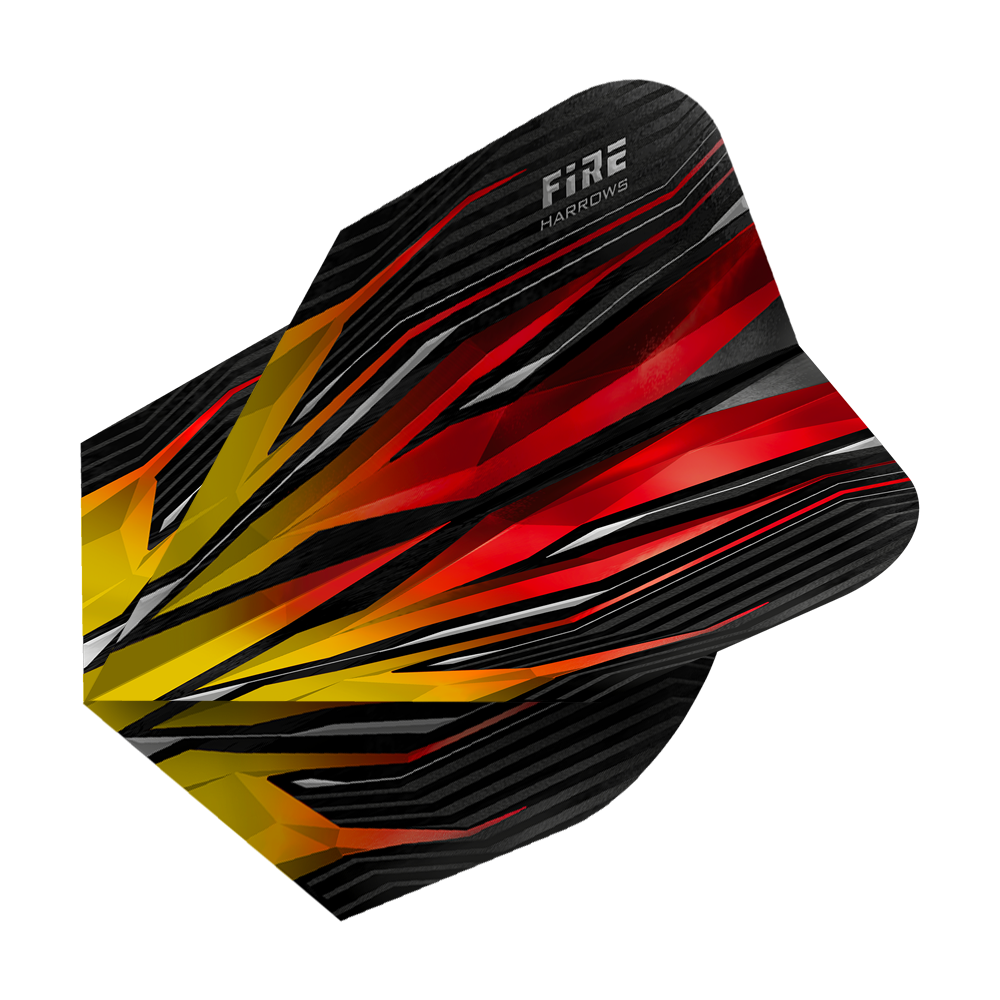 HR3_Harrows_Fire_Two-Tone_Standard_Flights_2 Das Bild zeigt das Produkt 'Harrows Fire Two-Tone Standard Flights'. Das Design ist in leuchtenden Rot-, Gelb- und Schwarztönen gehalten und wirkt wie lodernde Flammen.