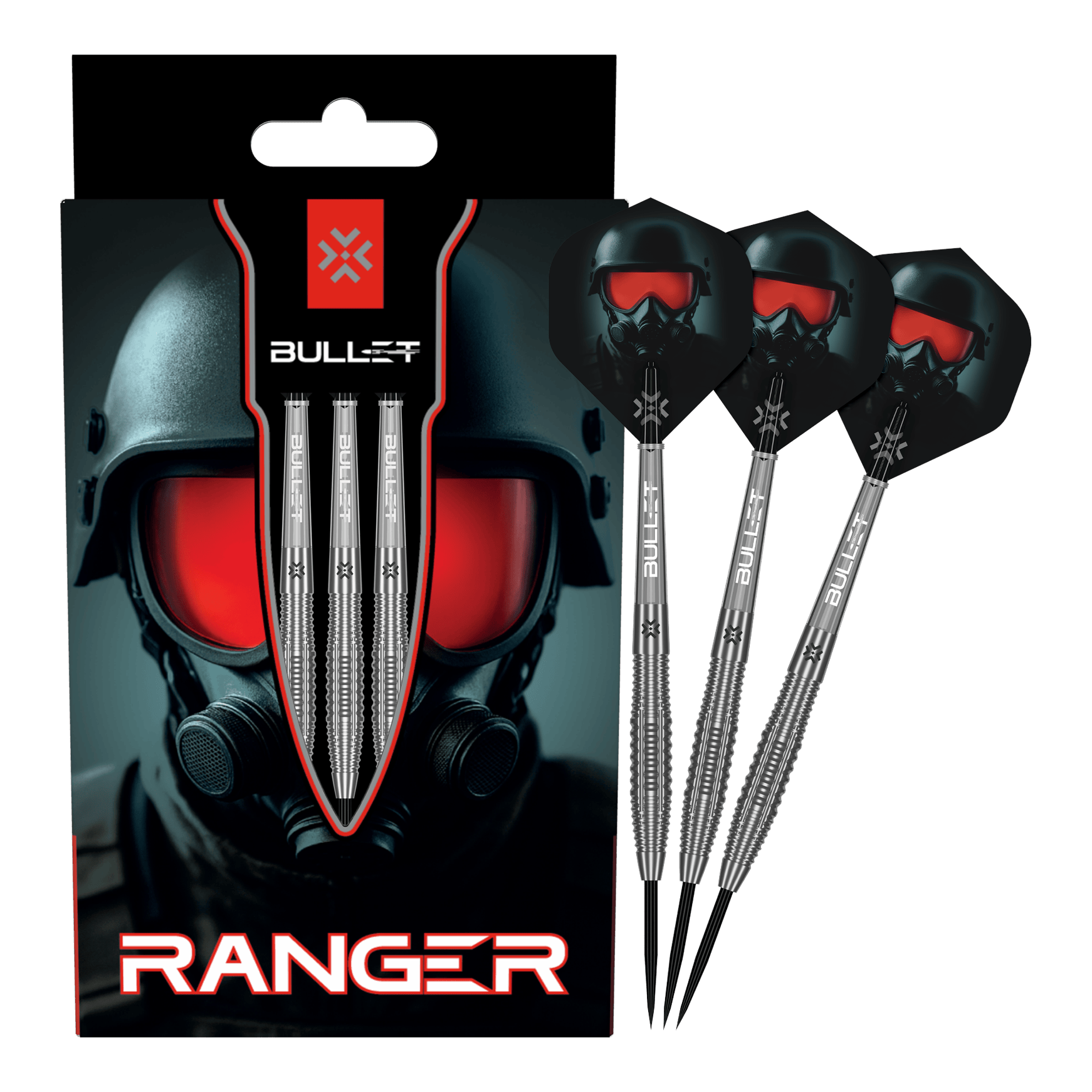 Stalowe lotki Bullet Ranger Auf dem Bild ist das vollständige Set der Bullet Ranger Steeldarts zu sehen. Die Steeldarts werden für Präzisionswürfe verwendet.