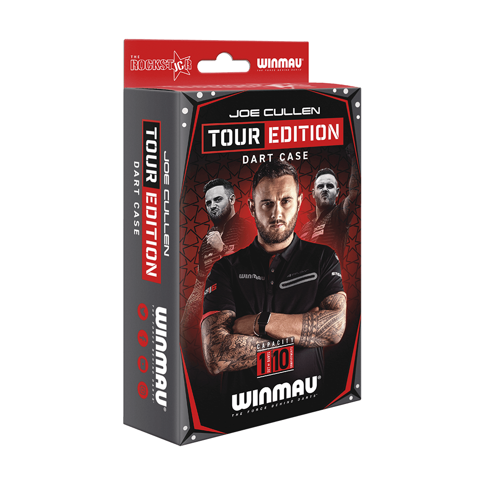 8422_Winmau_Joe_Cullen_Tour_Edition_Dartcase_3 Die Abbildung zeigt die Verpackung des "Winmau Joe Cullen Tour Edition Dartcase". Auf der Vorderseite sind Bilder von Joe Cullen sowie Informationen zur Kapazität und Marke zu sehen.