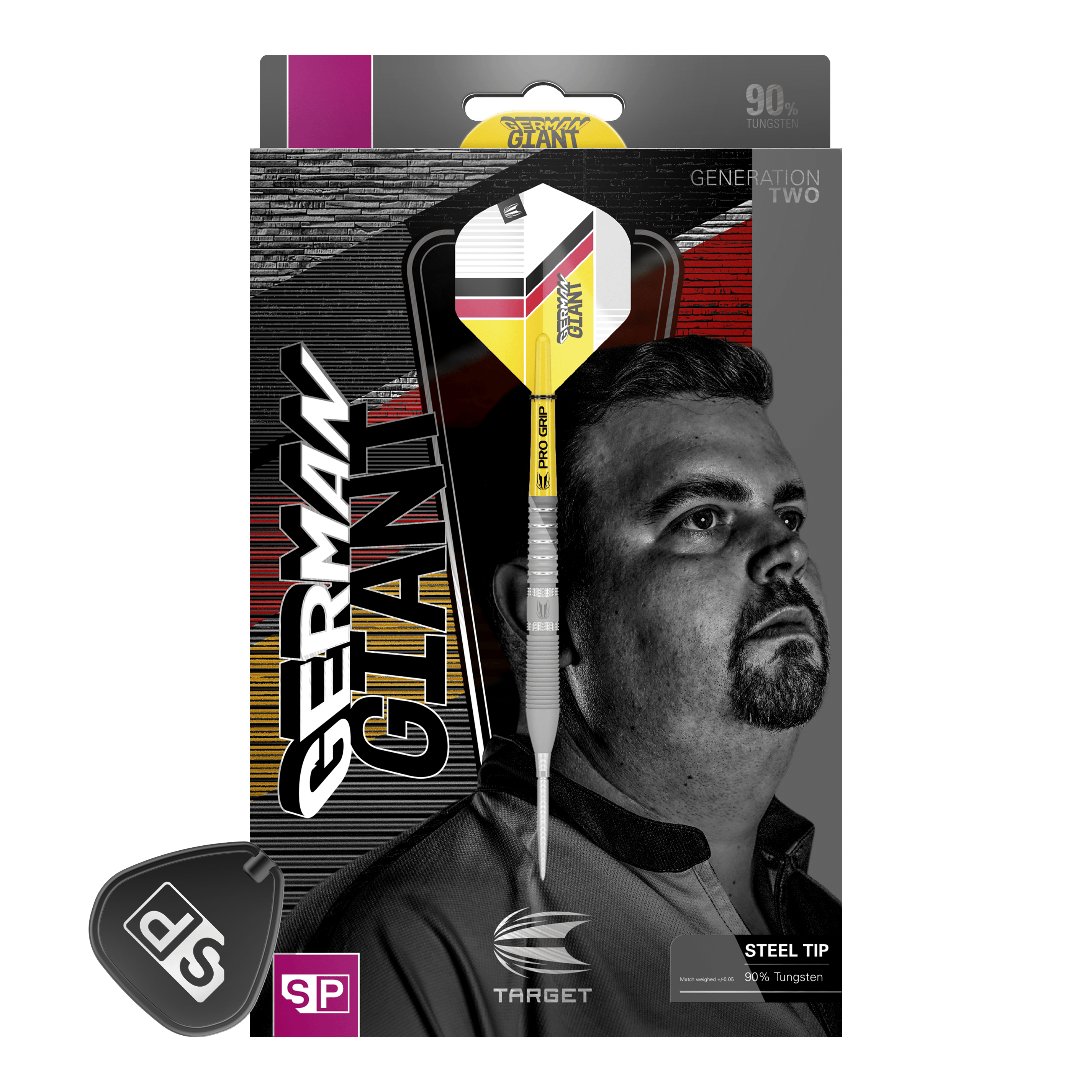Stalowe lotki Target Gabriel Clemens GEN2 Swiss Point Auf der Verpackung ist ein Steeldart mit gelbem, weißem und schwarzem Design abgebildet. Im Hintergrund sieht man das Porträt eines Mannes sowie den Schriftzug „GERMAN GIANT“.