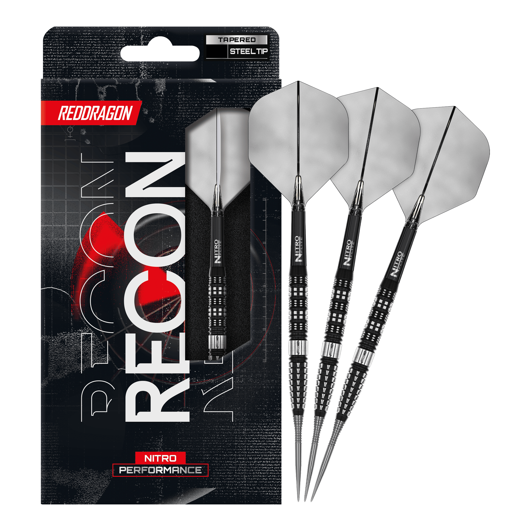 Red Dragon Recon Tapered Steel Darts Red Dragon Recon Tapered Steeldarts. Das vollständige Set der Steeldarts wird auf dem Bild präsentiert.