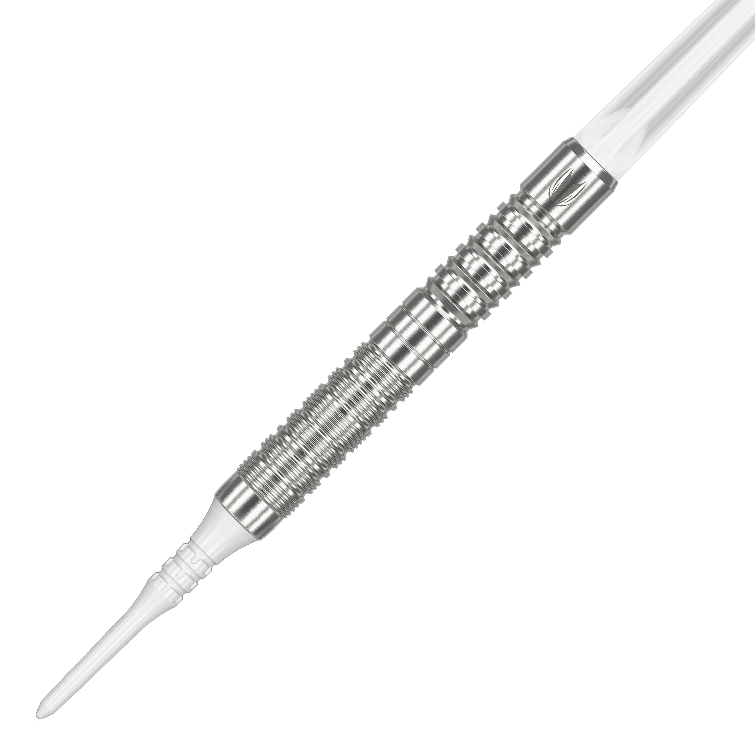 Target Japan Crux Honor Soft Darts - 18,5 g Das Bild zeigt einen silbernen Softdart mit einer detaillierten Griffstruktur. Es handelt sich um das Produkt "Target Japan Crux Honor Softdarts - 18,5g".