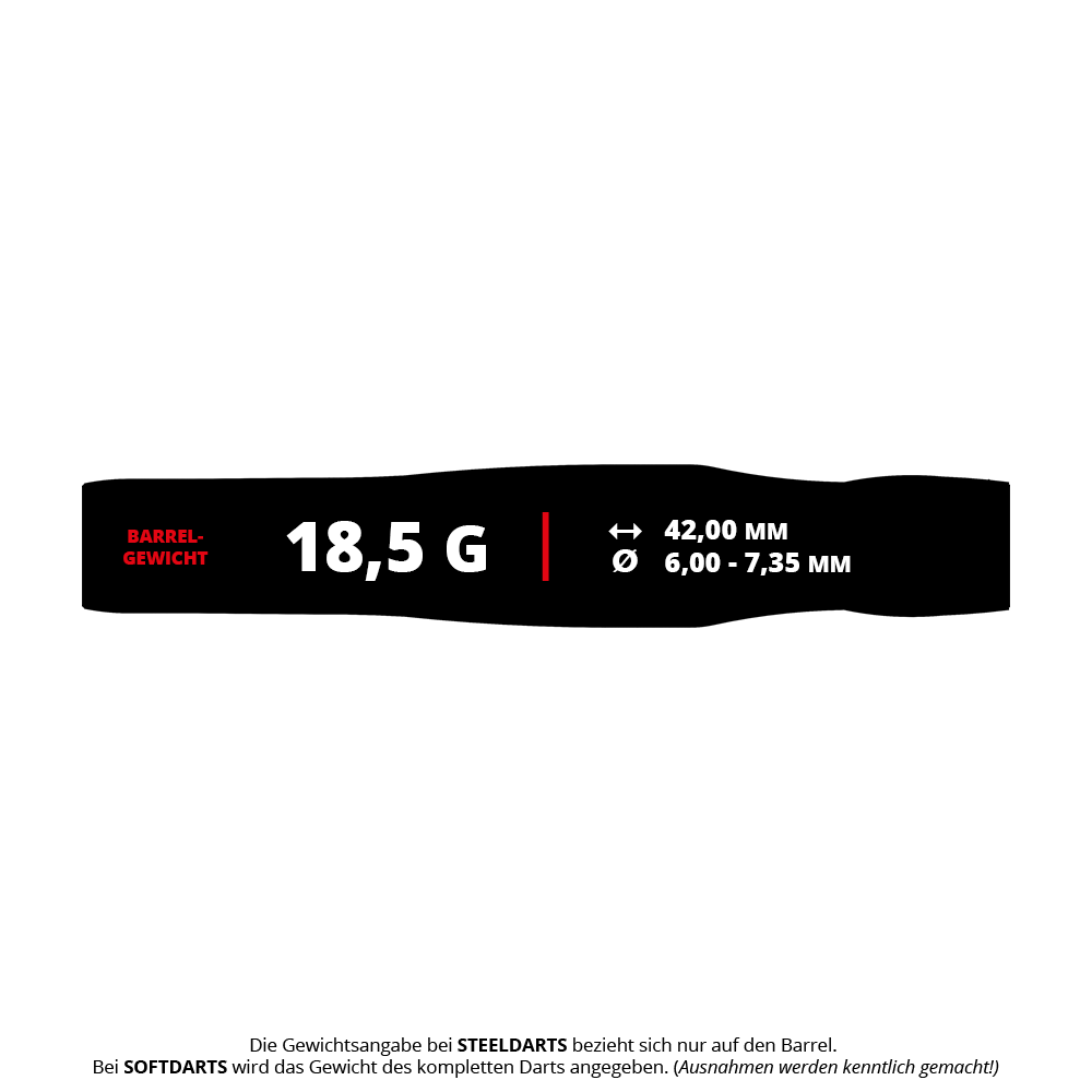 Target Japan Crux Brave Soft Darts - 18,5 g Das Bild zeigt die Produktdaten der "Target Japan Crux Brave Softdarts - 18,5g". Es werden das Barrelgewicht von 18,5 g, die Länge von 42,00 mm und der Durchmesser von 6,00 - 7,35 mm angezeigt.