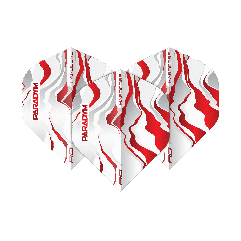 Abgebildet ist ein Set Red Dragon Hardcore Premium Paradym Red Premium No2 Standard Flights. Das Produkt zeigt hochwertige Dart-Flights in Standardgröße.
