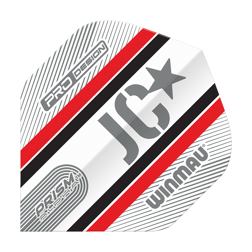 Winmau Alpha Joe Cullen Cullen 85 Standard Flights Das Bild zeigt ein Winmau Alpha Joe Cullen 85 Standard Flight für Dartpfeile. Das Flight ist weiß mit roten, schwarzen und grauen Streifen sowie den Aufdrucken "JC", "PRO DESIGN" und "WINMAU".