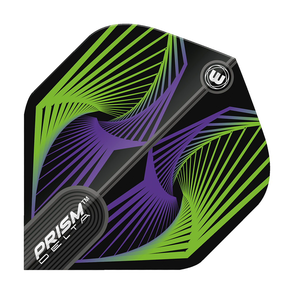 Das Bild zeigt das Produkt "Winmau Prism Delta Spiral GreenBlue Standard Flights". Das Dart-Flight ist schwarz mit grünen und blauen Spiralmustern gestaltet.