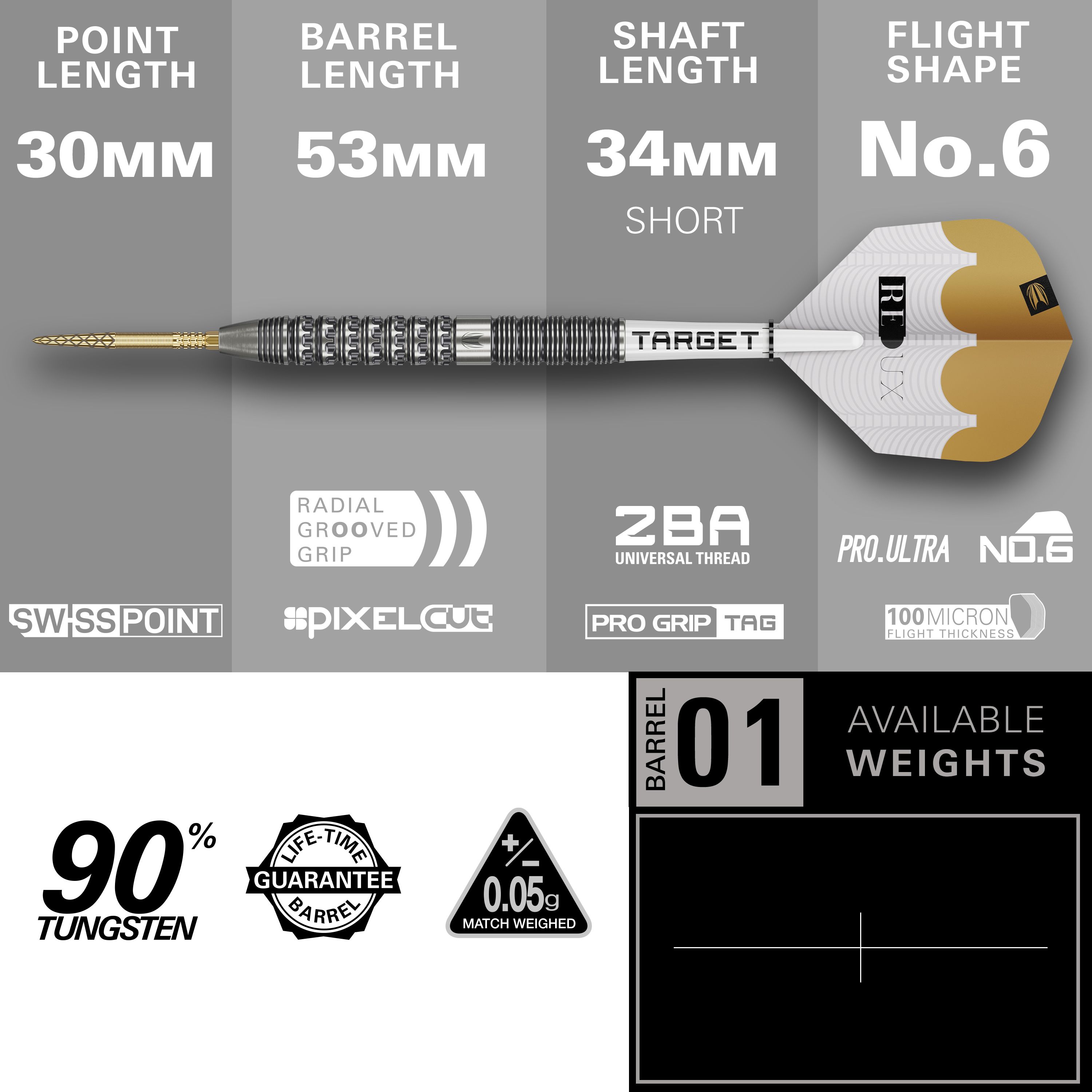 Abgebildet sind die Target Redux 01 Swiss Point Steeldarts. Die Steeldarts zeichnen sich durch ihr modernes Design aus.