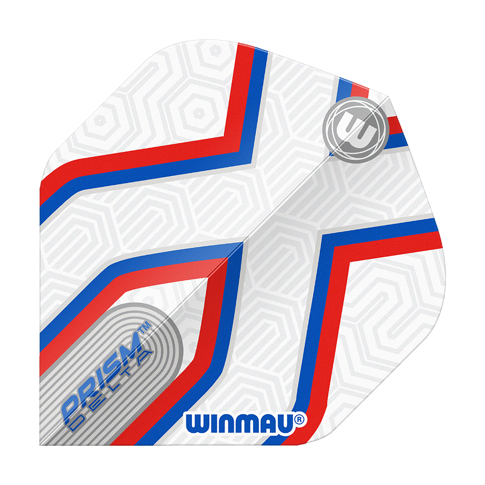 Winmau Prism Delta Epix No2 Standard Flights Das Bild zeigt ein Winmau Prism Delta Epix No2 Standard Flights Dartflugblatt. Es ist weiß mit roten und blauen Linien und dezentem geometrischem Muster gestaltet.