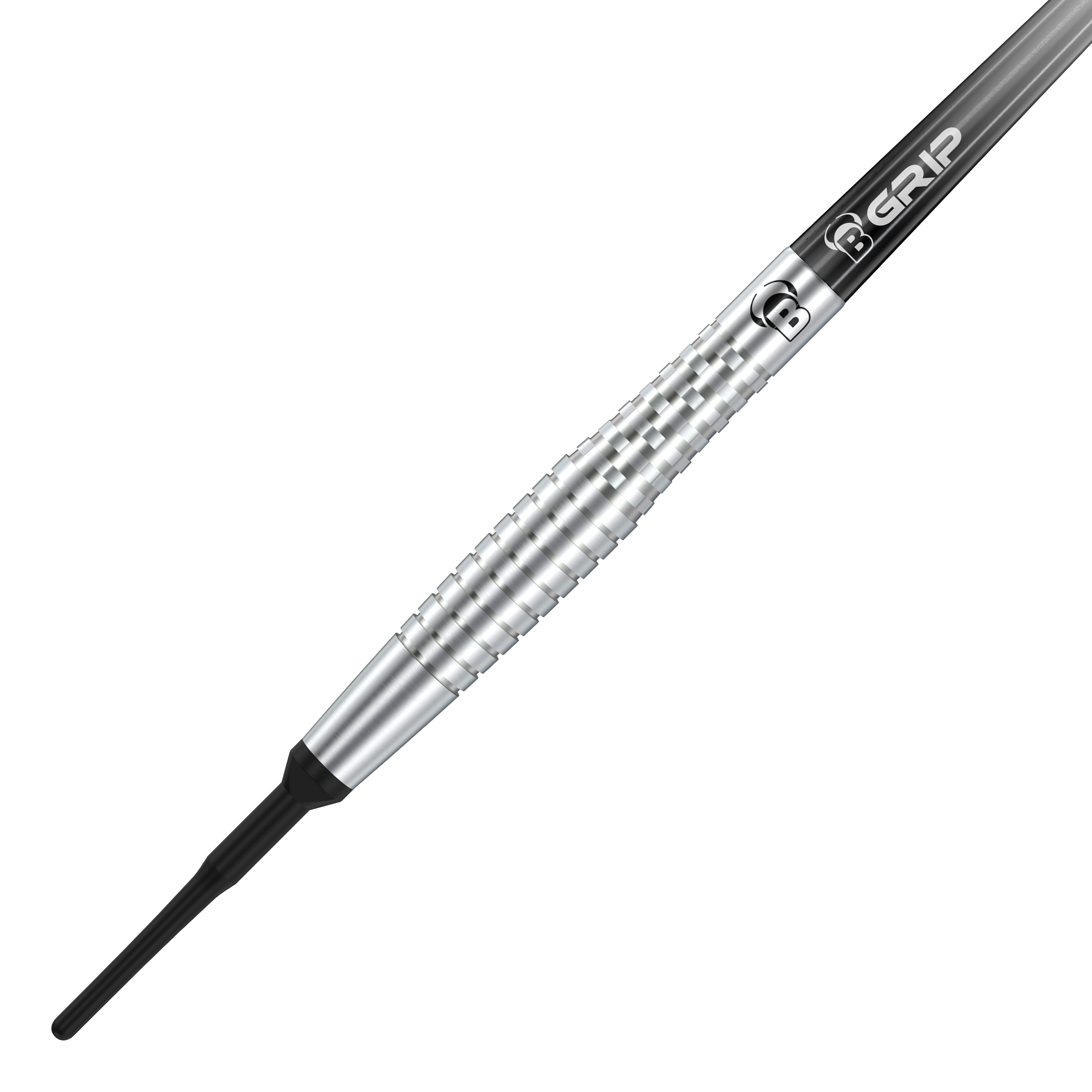 Dieses Bild zeigt den Bulls Martin Schindler Original Generation 2 Softdart. Der Dartpfeil hat ein silbernes, geriffeltes Barrel und eine schwarze Spitze.
