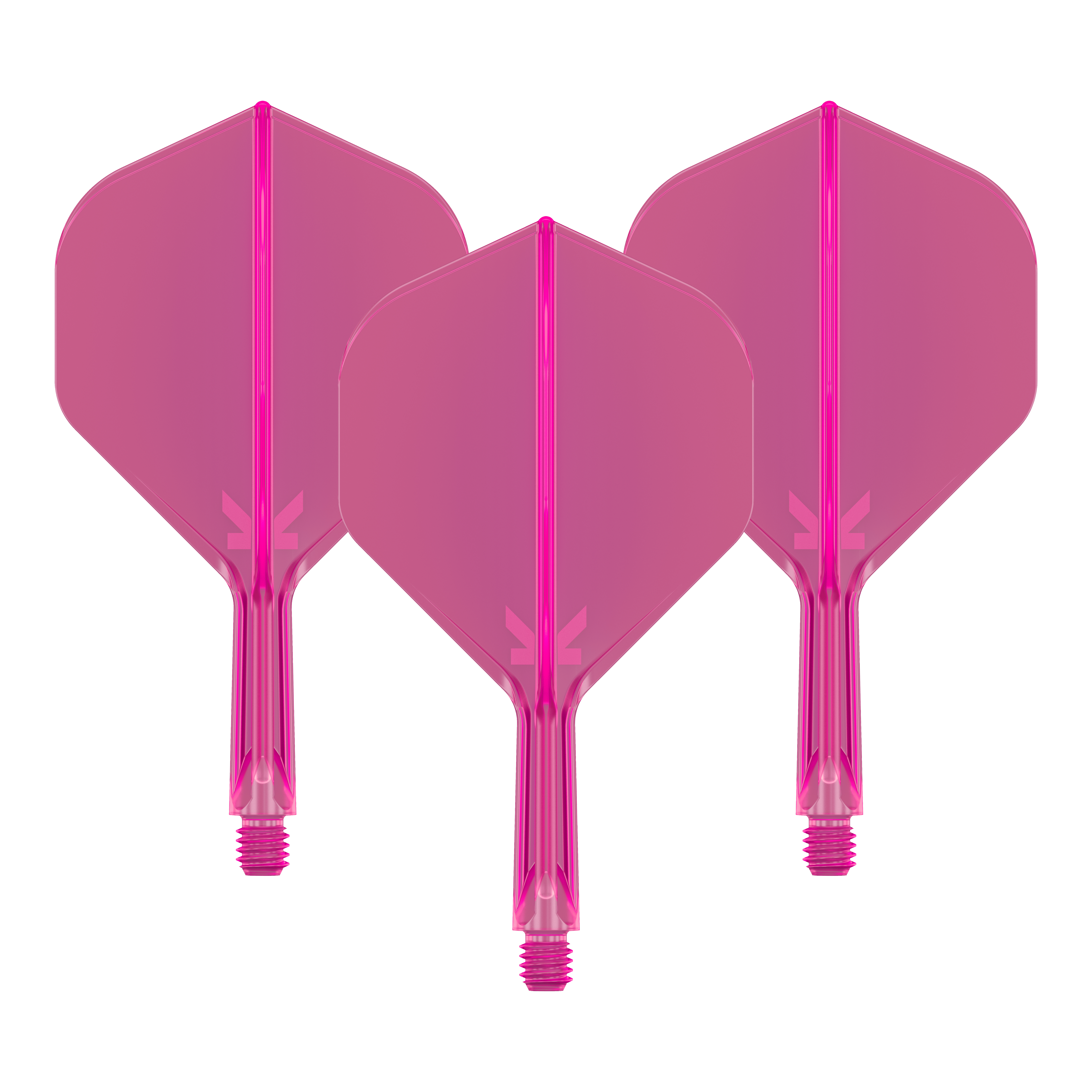 System lotu Target K-Flex No2 Standard – neonowy róż Das Bild zeigt drei pinkfarbene Dart-Flights mit Schäften. Sie sind nebeneinander angeordnet und haben eine neonpinke Farbe.
