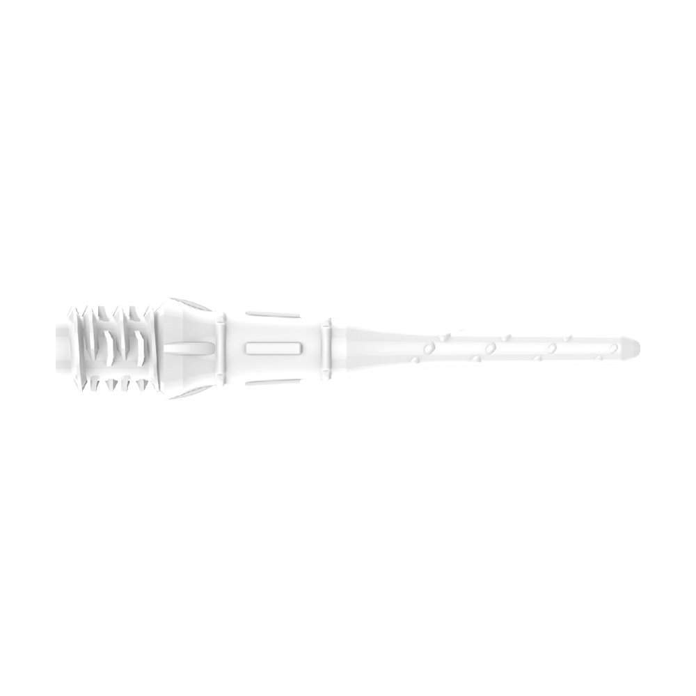 Szminki Premium (30 szt.) - Porady Das Bild zeigt eine weiße Dartspitze mit feinen Rillen und Details. Sie ist lang und besteht aus Kunststoff.