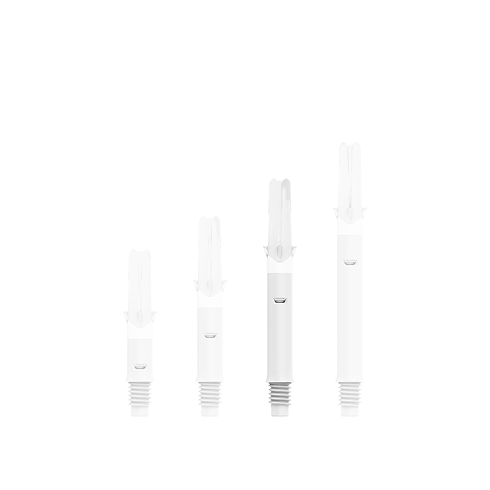 Auf dem Bild sind vier weiße Dartschäfte in unterschiedlicher Länge zu sehen. Sie sind nebeneinander in einer Reihe angeordnet und besitzen ein Gewinde am unteren Ende.