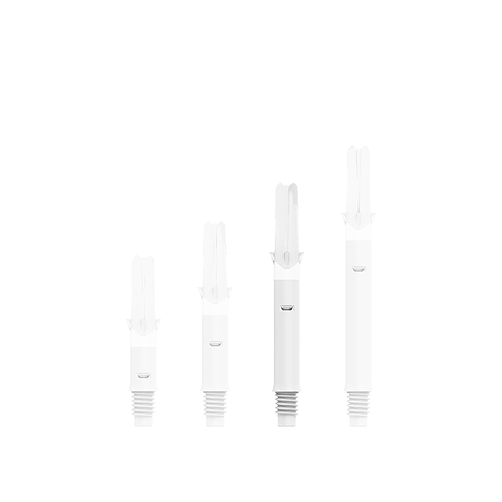 Wałki L-L-Style-Shafts Silent Straight - białe Auf dem Bild sind vier weiße Dartschäfte in unterschiedlicher Länge zu sehen. Sie sind nebeneinander in einer Reihe angeordnet und besitzen ein Gewinde am unteren Ende.
