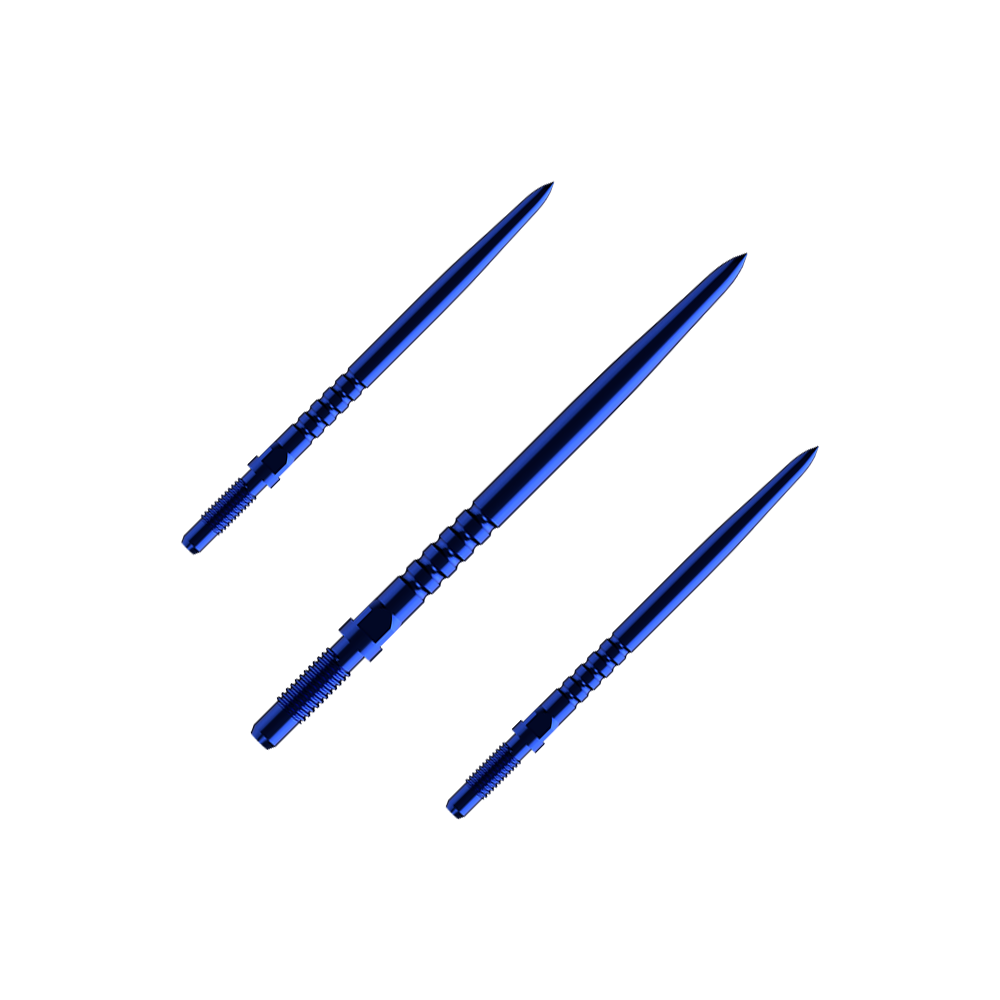 Końcówki do rzutek Bulls NL Convertible Point – z pierścieniowym uchwytem – niebieskie Hier sieht man ein Set aus mehreren RingedGrip Convertible Points in Blau, 32mm lang. Es sind Ersatzspitzen für Dartpfeile.