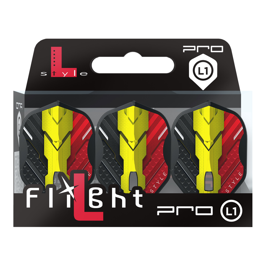 L-Style V-Series V1 Typ C Belgia Czarny L1PRO Loty Das Bild zeigt eine Packung mit drei Dart-Flights der Marke L-Style, Modell V-Series V1 Type C Belgium Black L1PRO. Die Flights haben ein Design in den Farben Schwarz, Rot und Gelb, inspiriert von der belgischen Flagge.