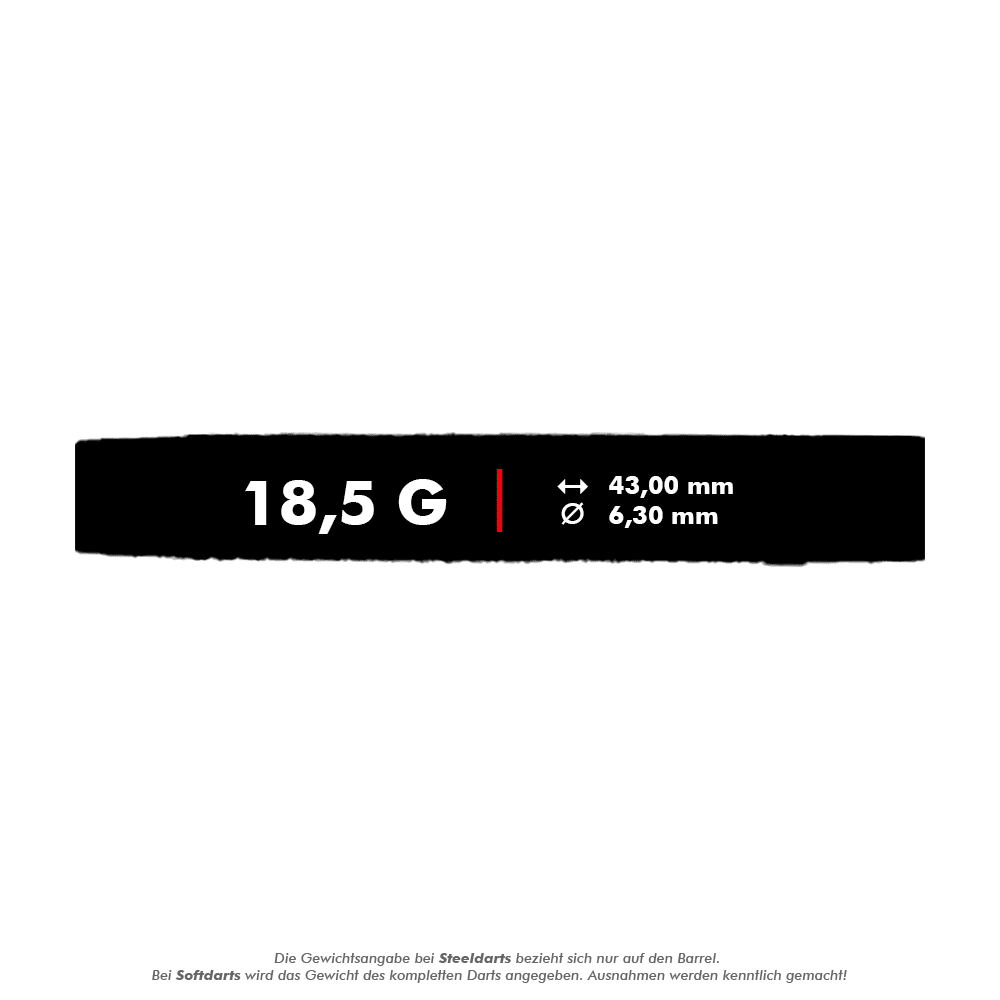 Lotki miękkie McDart 85 Tungsten V21 - 18,5 g Das Bild zeigt die Angaben zum Produkt "McDart 85er Tungsten V21 Softdarts - 18,5g". Die Darts wiegen 18,5 Gramm, sind 43,00 mm lang und haben einen Durchmesser von 6,30 mm.