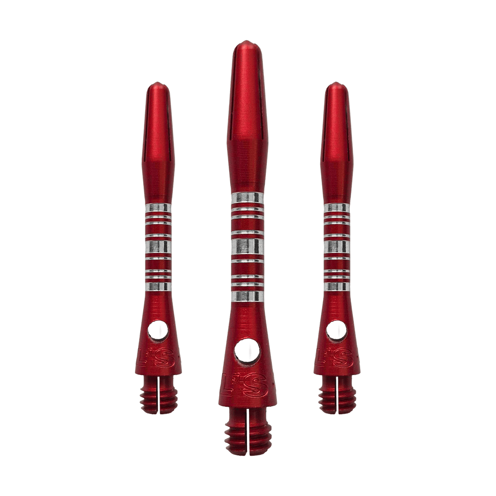 Wałki aluminiowe Bulls NL Supra - czerwone - 34 mm Dieses Bild zeigt die Bulls NL Supra Aluminium Shafts in Rot, 34 mm lang, als Set. Die Schäfte sind robust und ideal für Dartspieler.