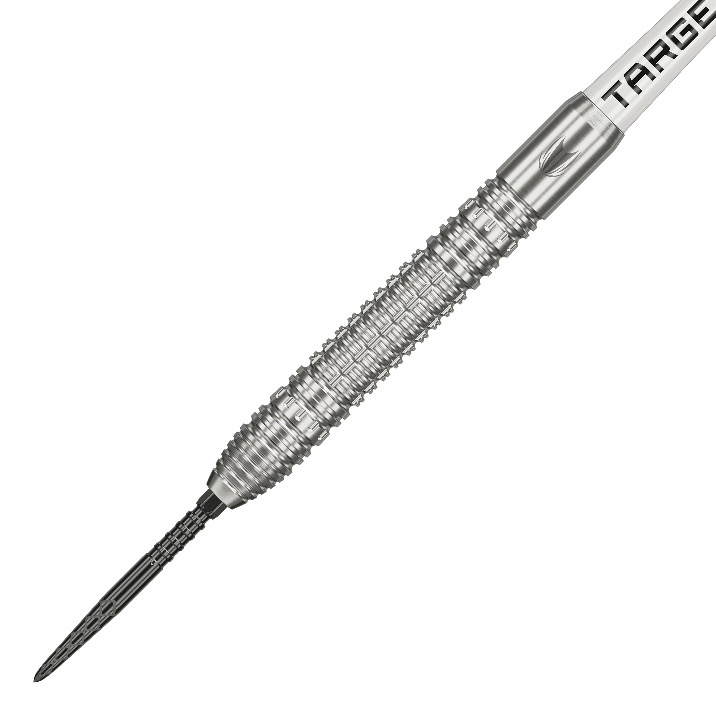Lotki stalowe Target Shane McGuirk GEN1 Swiss Point - 23g Das Bild zeigt einen Target Shane McGuirk GEN1 Swiss Point Steeldart mit einem Gewicht von 23 Gramm. Der Dartpfeil besteht aus silbernem Metall und hat eine strukturierte Griffzone für besseren Halt.