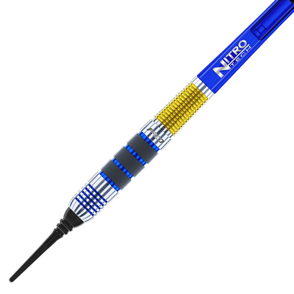 RD2402_Red_Dragon_Luke_Humphries_2021_Softdarts_2 Das Bild zeigt einen Softdartpfeil des Modells "Red Dragon Luke Humphries" mit einem Gewicht von 20g. Der Dartpfeil hat blaue, silberne und goldene Akzente sowie die Aufschrift "NITRO TECH" auf dem Schaft.