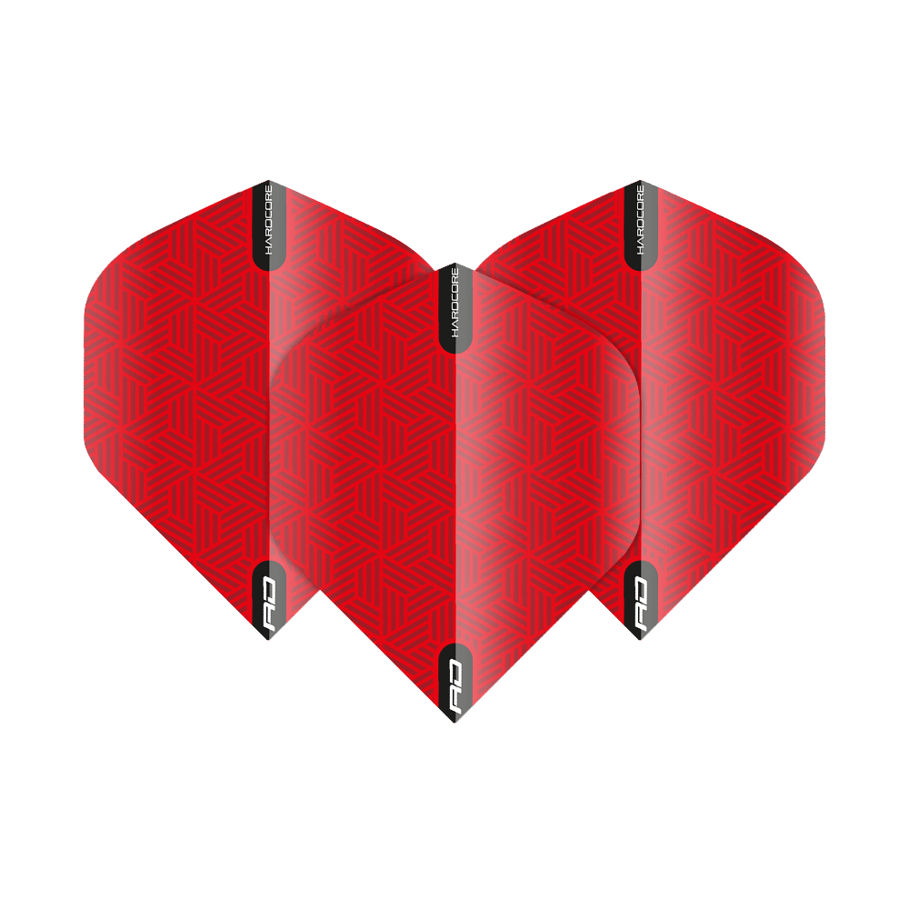 TF6425_Red_Dragon_Hardcore_Red_Standard_Flights_1FAApmgRxBM6T8 Das Bild zeigt die "Red Dragon Hardcore Red Standard Flights". Die Flights sind rot mit einem geometrischen Muster und schwarzen Markierungen.