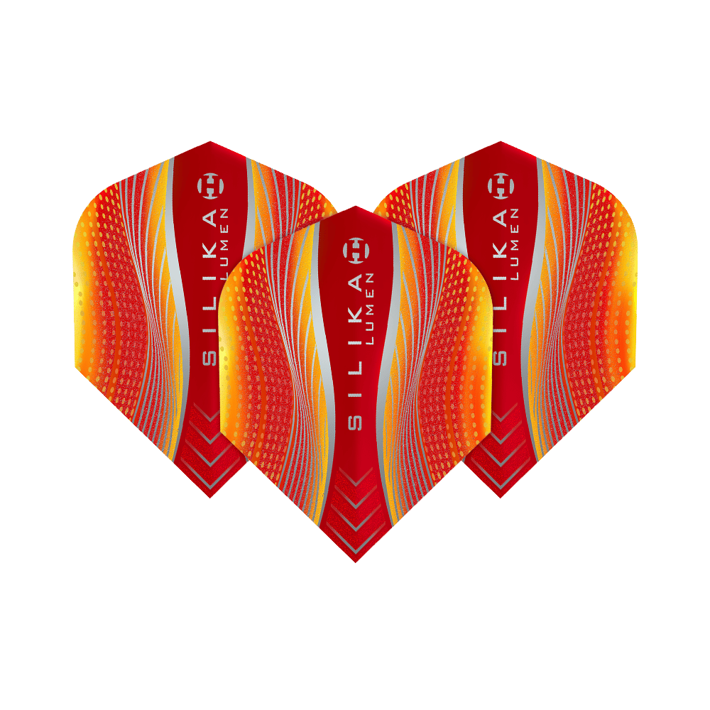 HF5128_Harrows_Silika_Lumen_Yellow_Red_No6_Flights_1f6D1Psz47VQnS Das Bild zeigt drei Harrows Silika Lumen Yellow Red No6 Flights für Darts. Die Flights sind in Rot- und Gelbtönen mit modernen Mustern und dem Silika Lumen Schriftzug gestaltet.