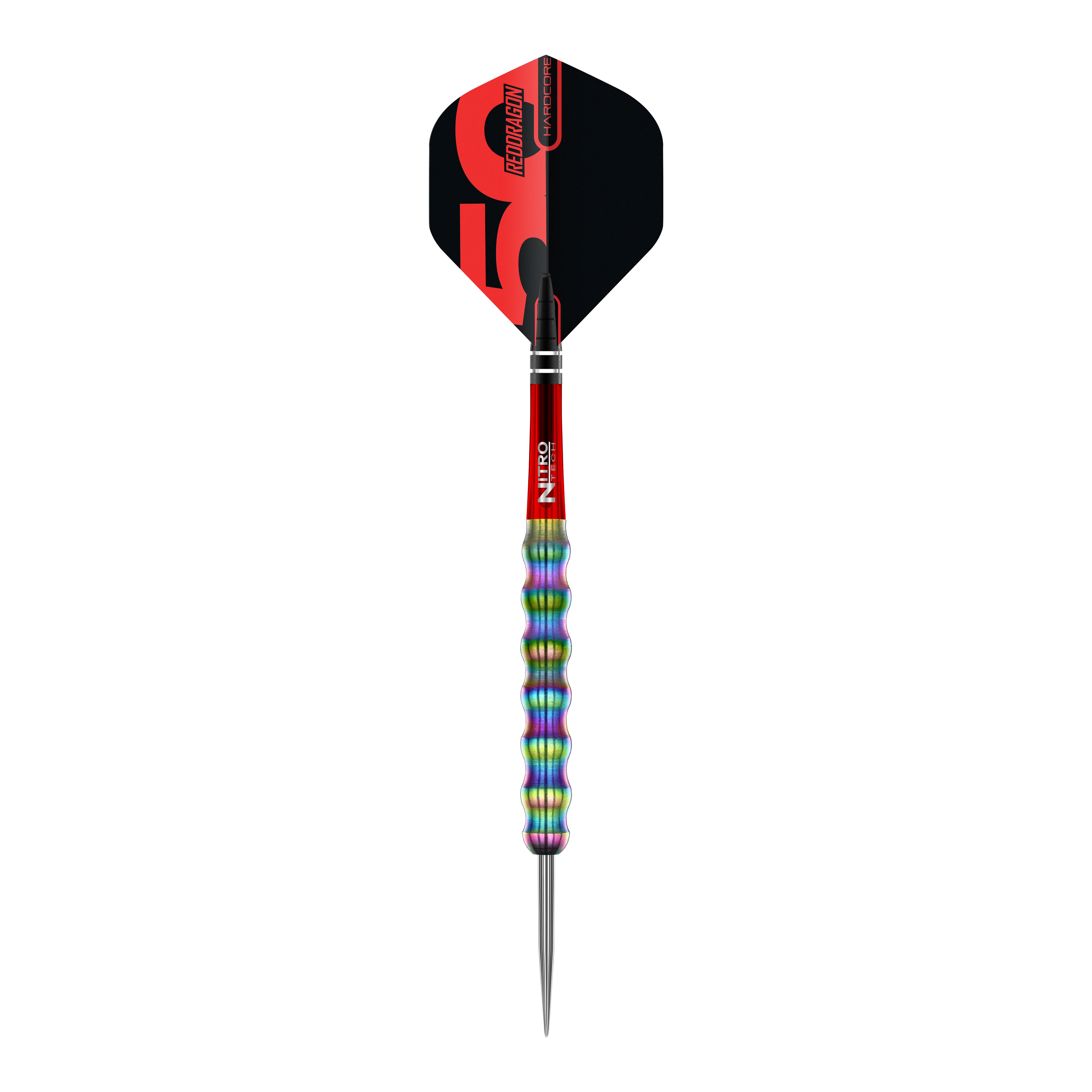 Das Bild zeigt einen Steeldartpfeil aus der "Red Dragon 50 Year Collection Shockwave" mit einem Gewicht von 26g. Der Dart hat einen auffällig bunten und geriffelten Griff sowie einen roten Schaft und schwarze Flights.
