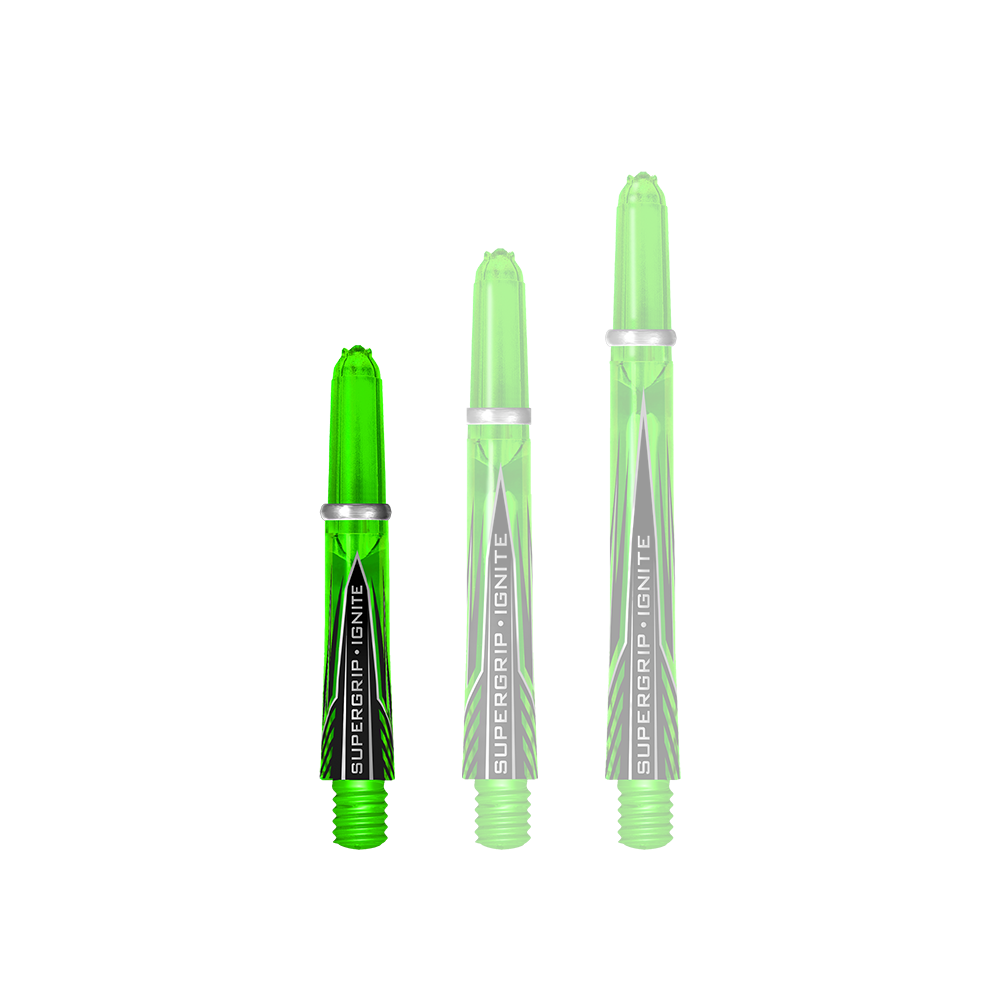 HR389_Harrows_Supergrip_Ignite_Shafts_Gr-n_33mm_1iTUVQXwgaZq29 Das Bild zeigt drei grüne Harrows Supergrip Ignite Shafts in unterschiedlichen Längen. Sie sind transparent und haben ein modernes, schwarz-grünes Design mit der Aufschrift "Supergrip Ignite".