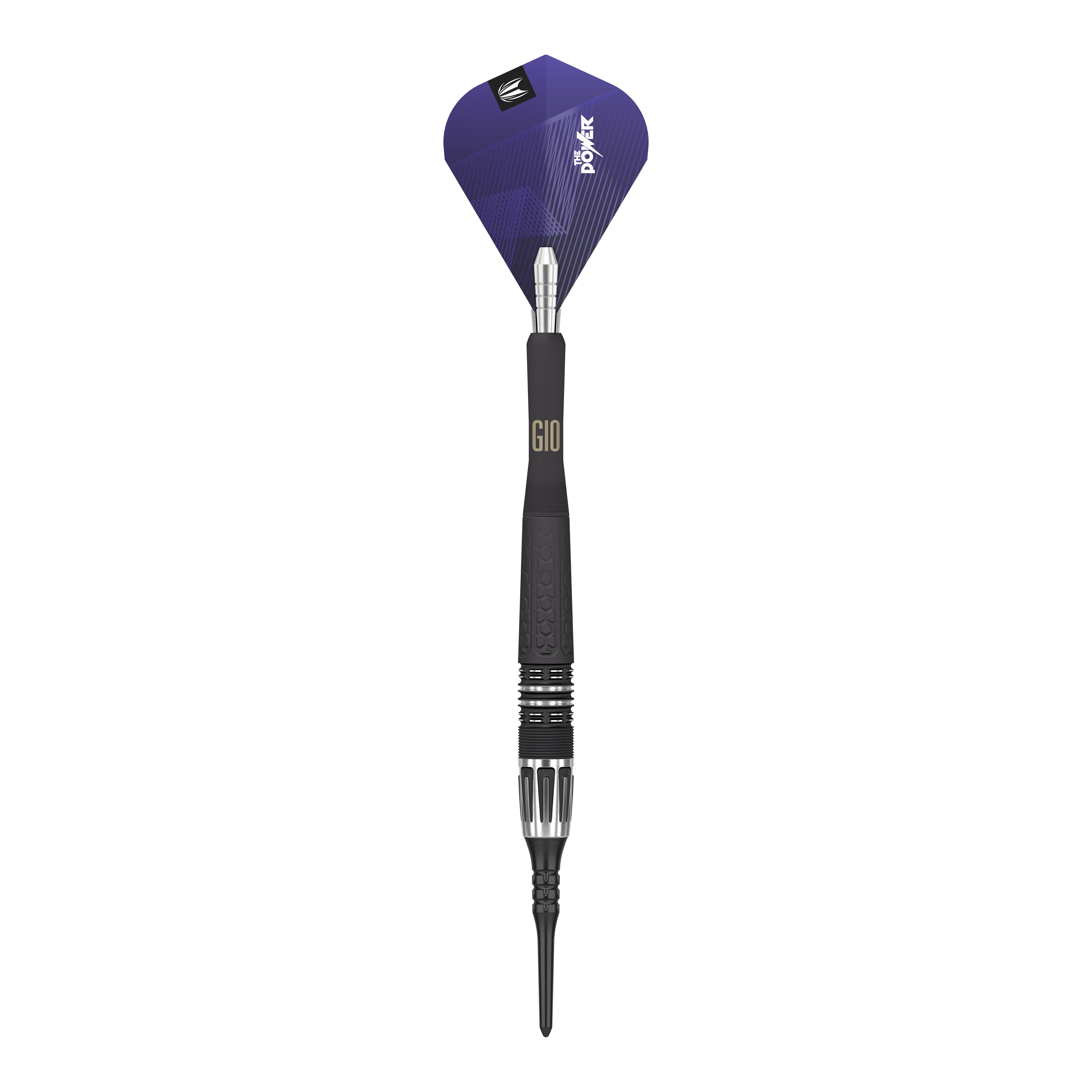 Miękkie lotki Target Phil Taylor Power 9Five GEN10 Das Bild zeigt einen modernen Softdartpfeil mit einem schwarzen und silbernen Schaft. Die Dartflügel sind lila und tragen die Aufschrift "Power".