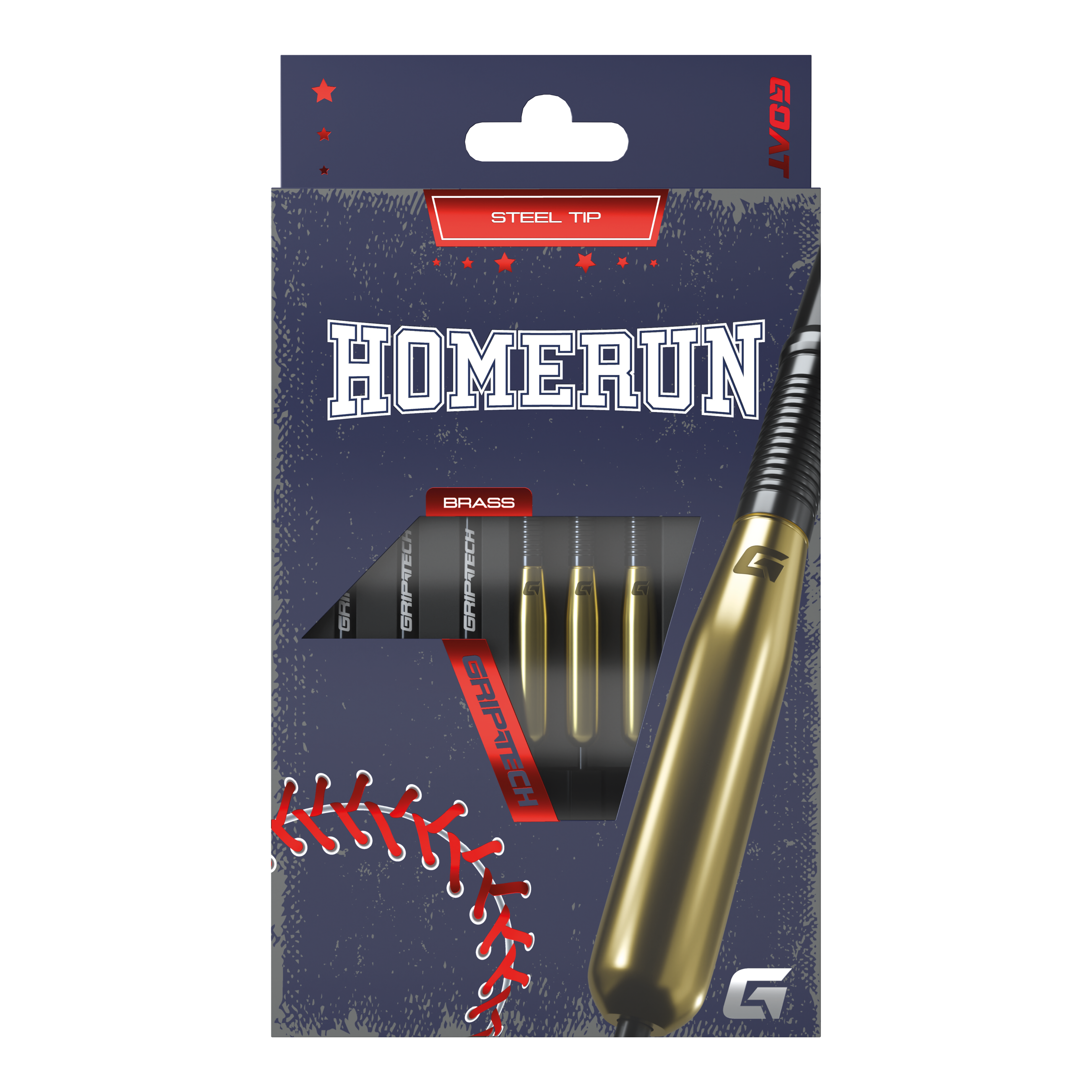 Die Abbildung zeigt die Verpackung der "GOAT Homerun Baseball Brass Steeldarts - 15g". Auf der Vorderseite sind drei Darts mit Messingkörper und Stahlspitze zu sehen.