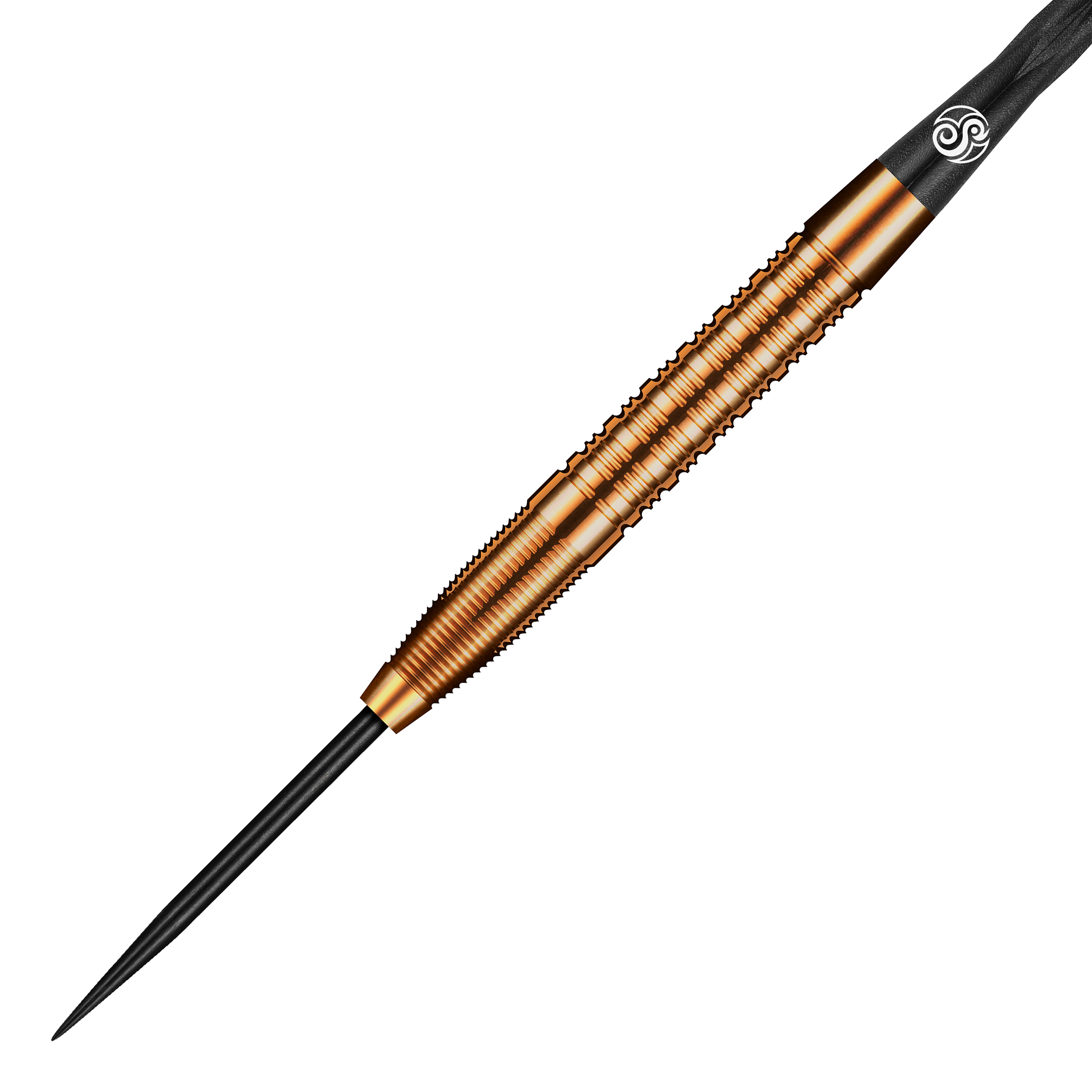 Shot Pro Series Jake Womack Steeldarts - 23g Das Bild zeigt einen Shot Pro Series Jake Womack Steeldart mit einem Gewicht von 23g. Der Dartpfeil hat ein auffälliges, bronzefarbenes Design mit feinen Rillen am Griff.