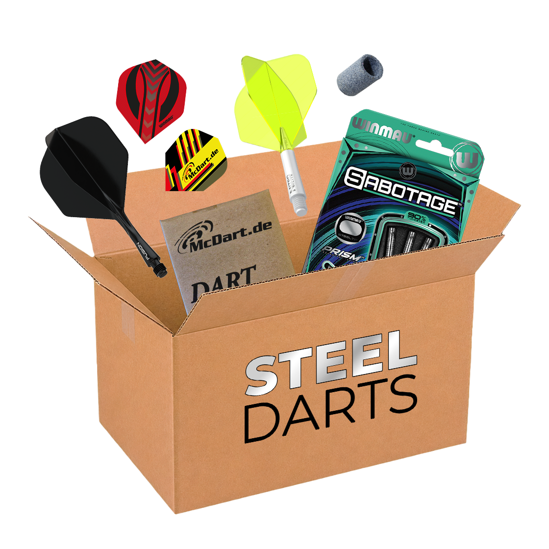 McDart Mystery Box - Steeldarts Auf dem Bild befindet sich die McDart Mystery-Box - Steeldarts. Die Box beinhaltet verschiedene Steeldarts und Zubehör.